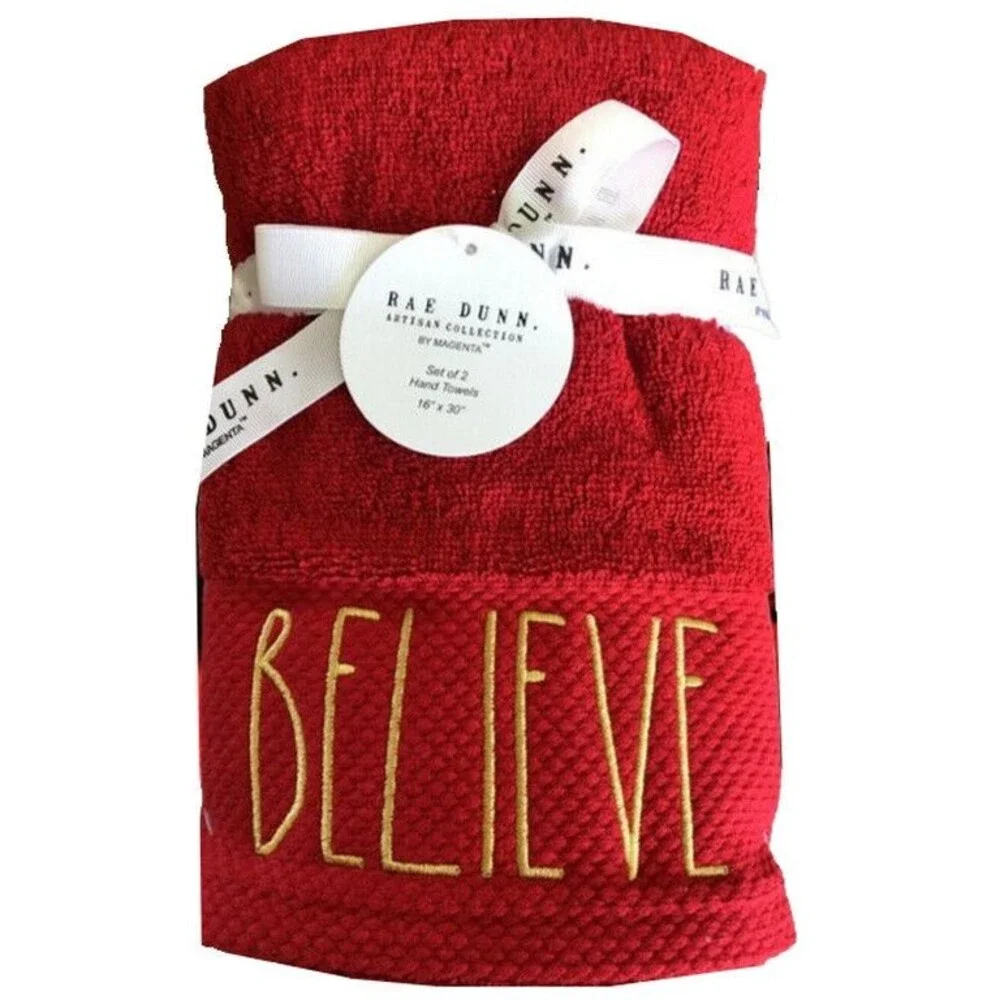 Rae Dunn Christmas Believe Red Gold Hand Towels Guest Bath Embroidered Set of 2